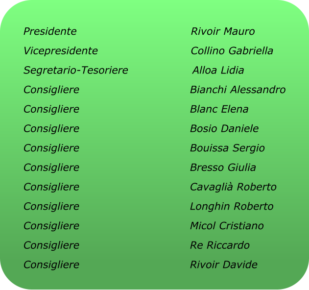 Presidente                                Rivoir Mauro Vicepresidente                          Collino Gabriella Segretario-Tesoriere                  Alloa Lidia Consigliere                               Bianchi Alessandro Consigliere                               Blanc Elena Consigliere                               Bosio Daniele Consigliere                               Bouissa Sergio Consigliere                               Bresso Giulia Consigliere                               Cavaglià Roberto Consigliere                               Longhin Roberto Consigliere                               Micol Cristiano Consigliere                               Re Riccardo Consigliere                               Rivoir Davide